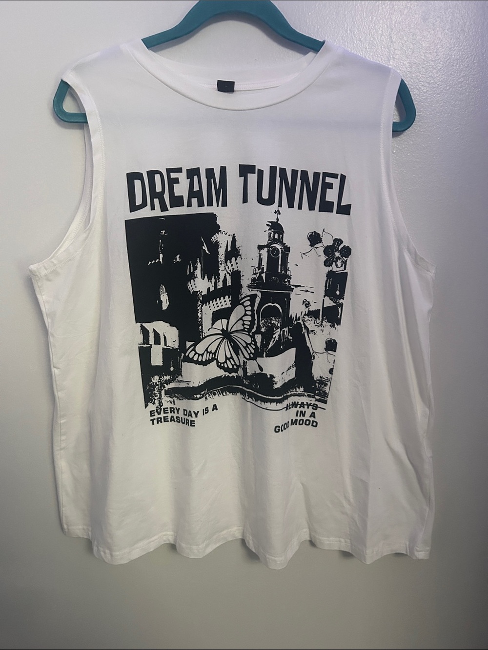 SHEIN White Muscle Tee with Black Graphic "Dream Tunnel"
